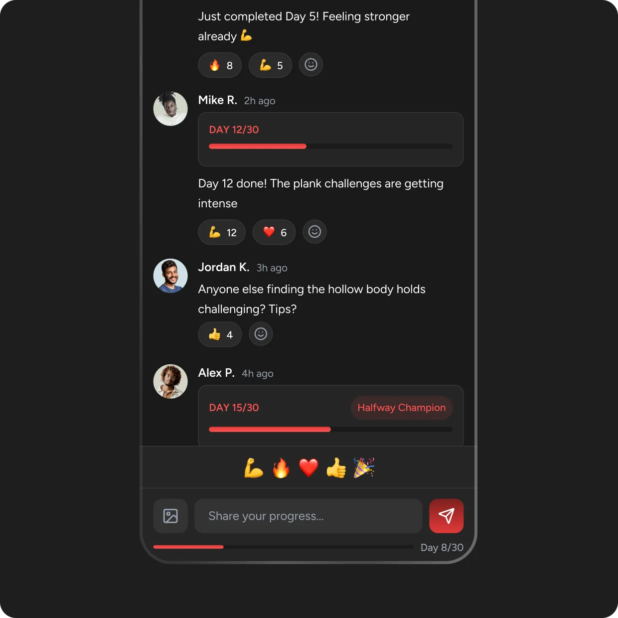 Members motivate each other and share progress live.