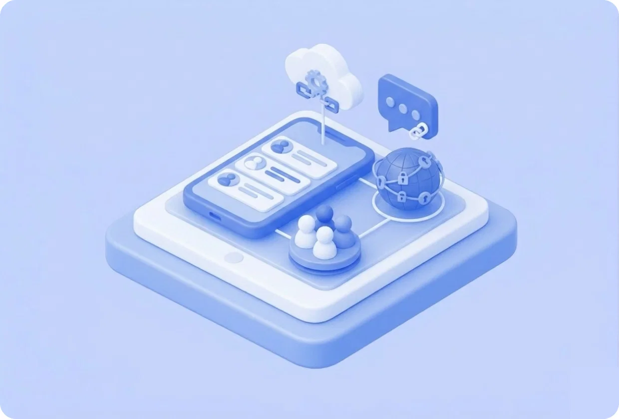 Abstract visualization of decentralized social network functionality in apps