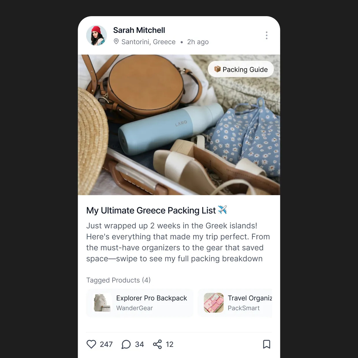 Travel creators tag products across packing lists, guides, and recaps.