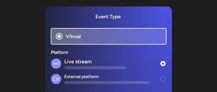 UI to select wether the online event is hosted either in-app live stream or an en external platform