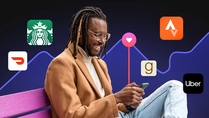 User engaging with an app, with an abstract graph on the background, and floating app logos