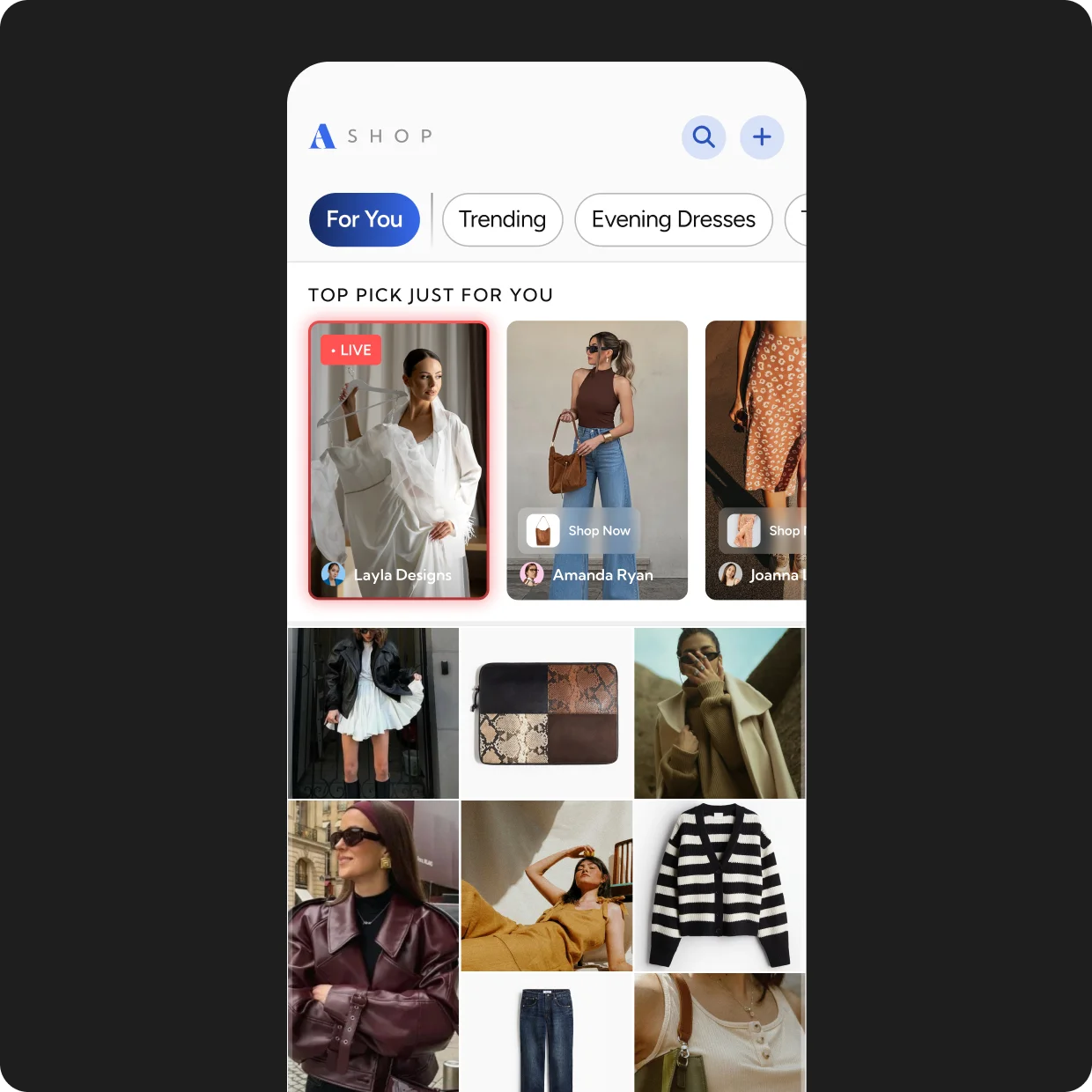 A ranked feed where products, creators, and live drops surface to each shopper.