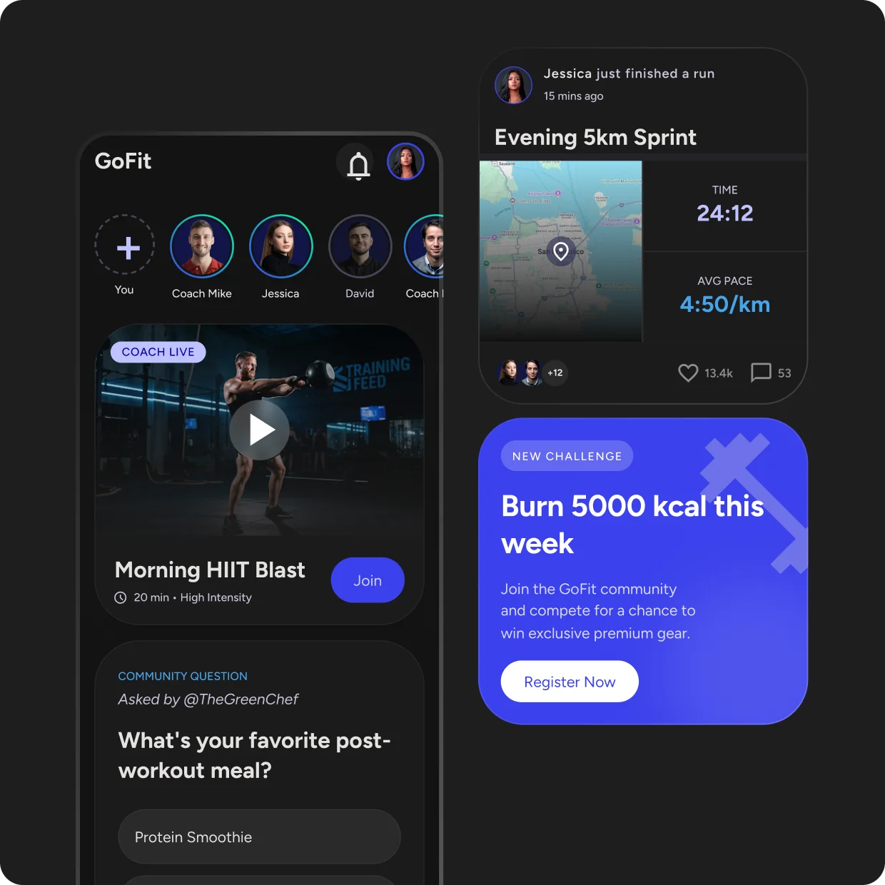 A personalized feed that mixes coaches, workouts, and peer progress for each user.