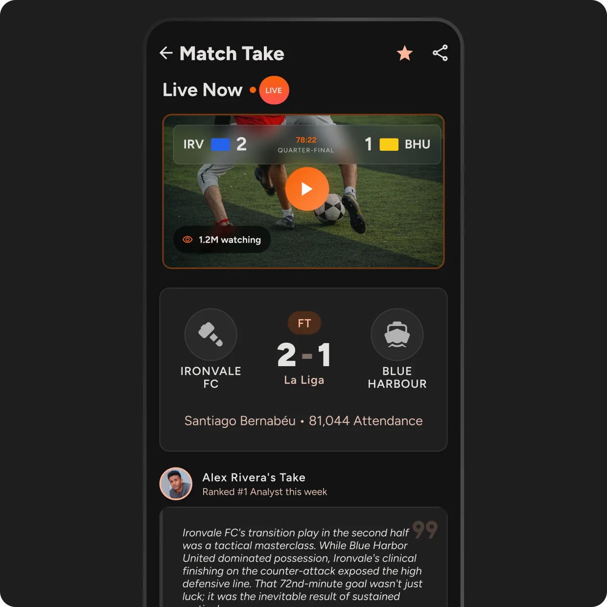 A ranked feed where match takes, player content, and live streams surface for each fan.