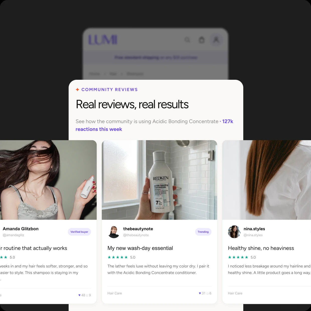 Users see real posts about a product category beside its product details.