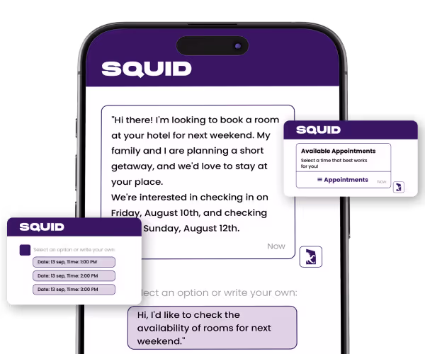 A conversation between a customer and the chatbot, leading to a booking confirmation. A calendar showing available booking times.
