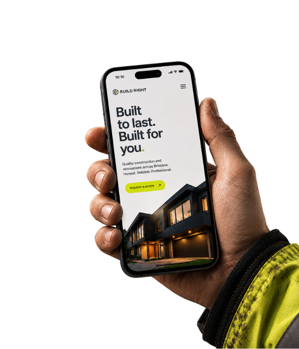 Tradie holding phone showing brand