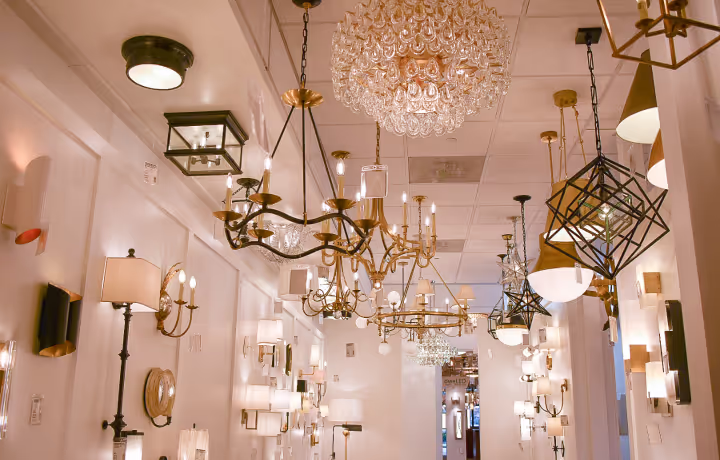 Showroom with chandeliers hanging from the ceiling