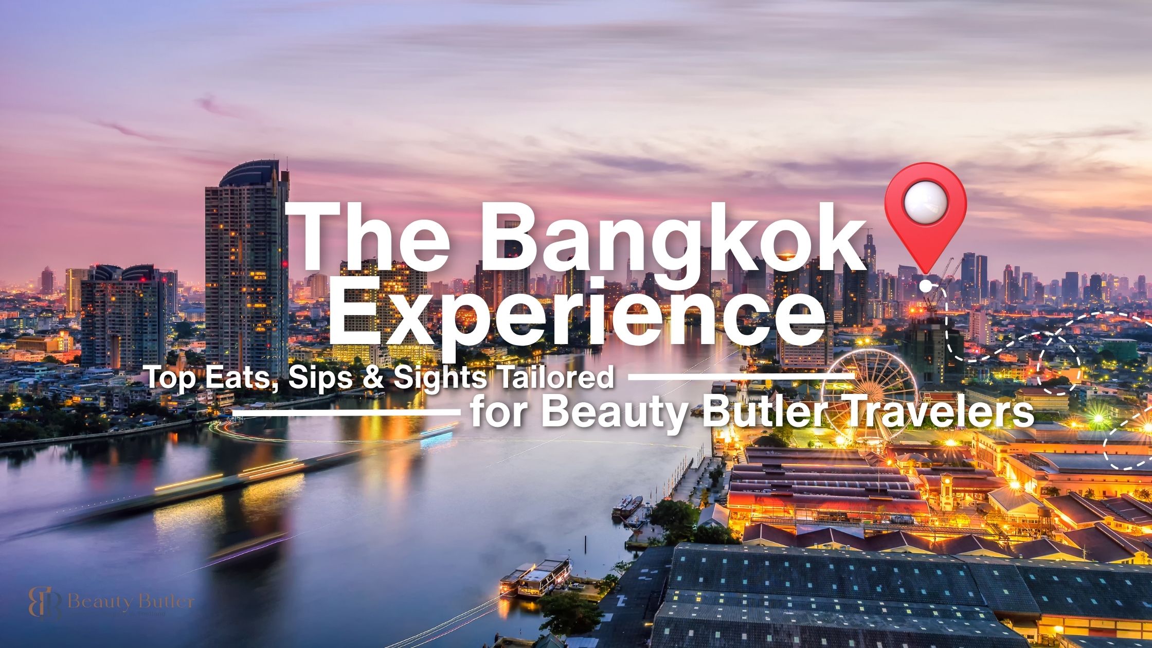 Stylish Bangkok streetscape featuring a chic café, tourists browsing menus, and modern city backdrop.