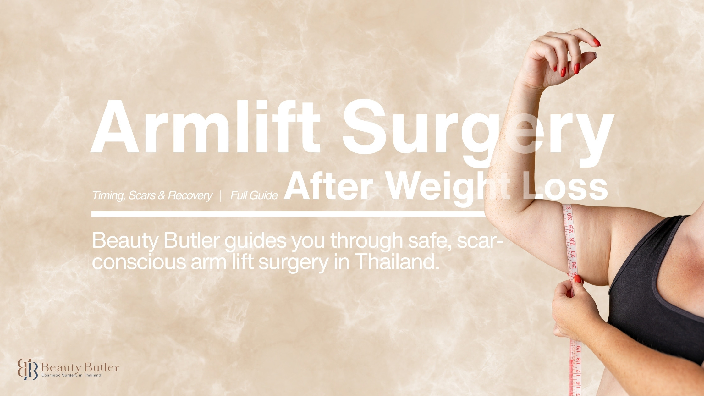 Side profile of a toned arm in soft light after post-weight-loss arm lift surgery with Beauty Butler in Thailand.