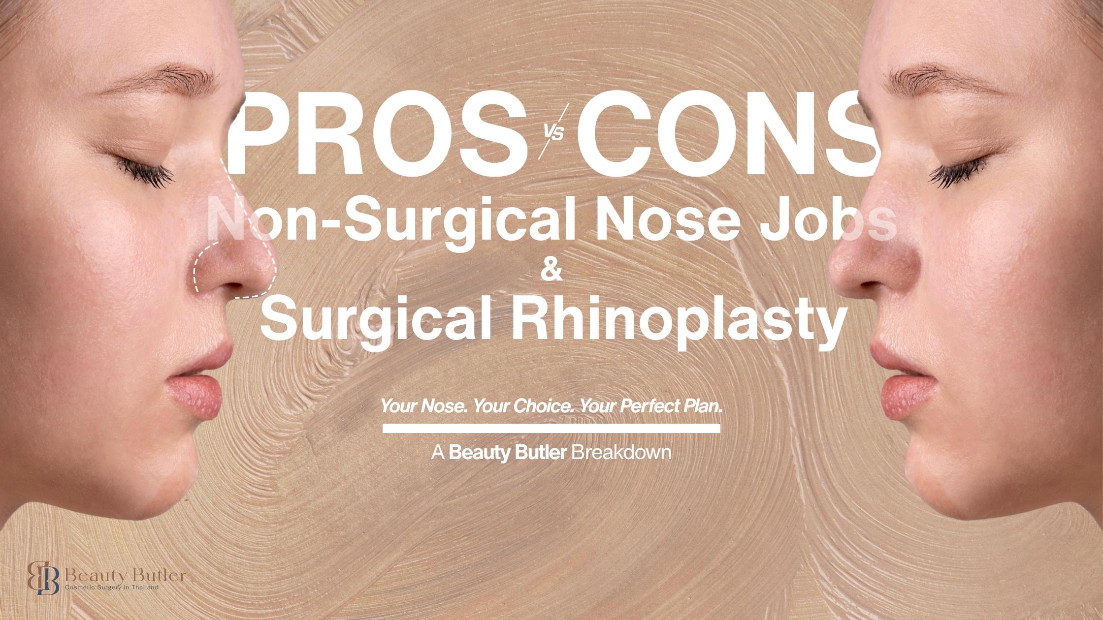 Side-by-side comparison of a non-surgical nose job and surgical rhinoplasty results in Thailand.