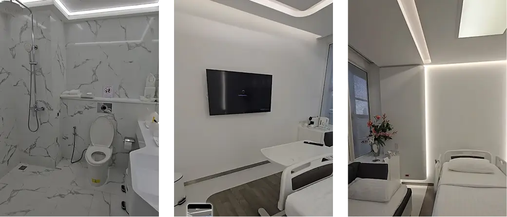Hospital facilities including a bathroom, patient room with TV, and bed with flowers.