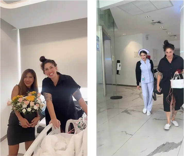Woman receiving flowers in hospital and walking out with a nurse.