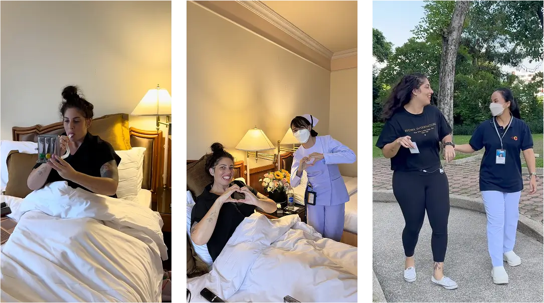 Woman recovering in hospital, making a heart with nurse, and walking in a park with a caregiver.
