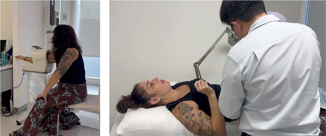 Woman undergoing medical consultations and lying on treatment bed with a doctor.