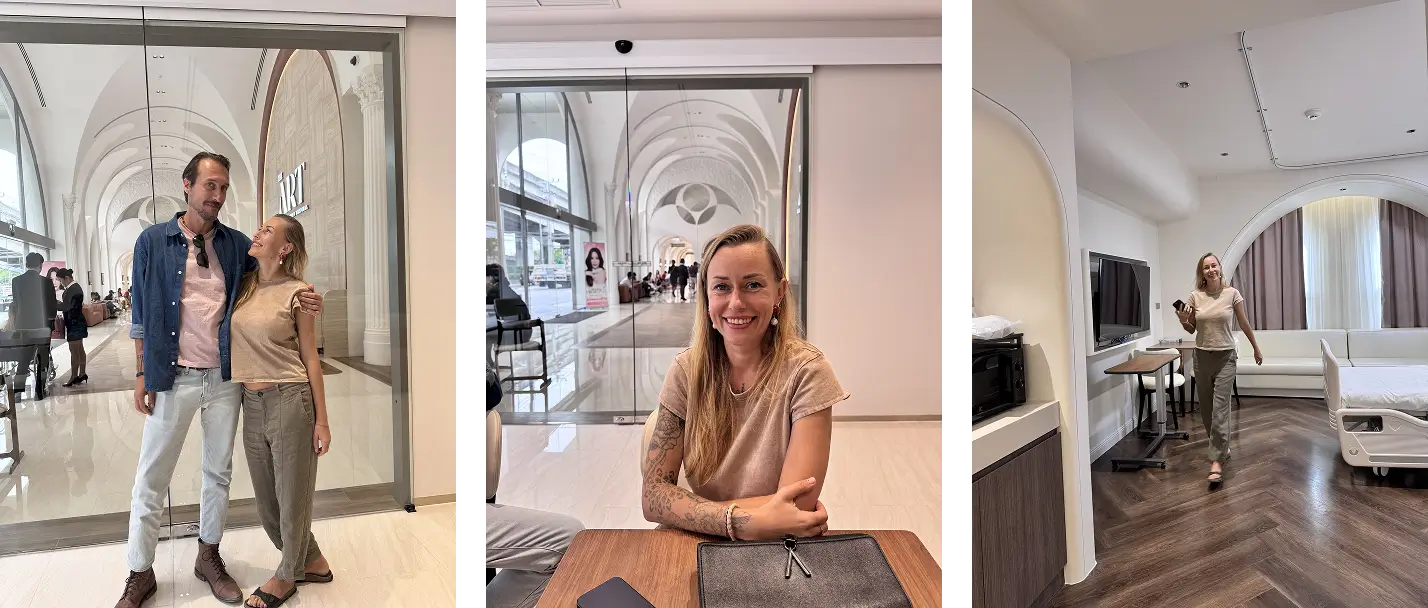 Julia arriving in Bangkok, smiling in the hospital lobby, and settling into her private room before surgery