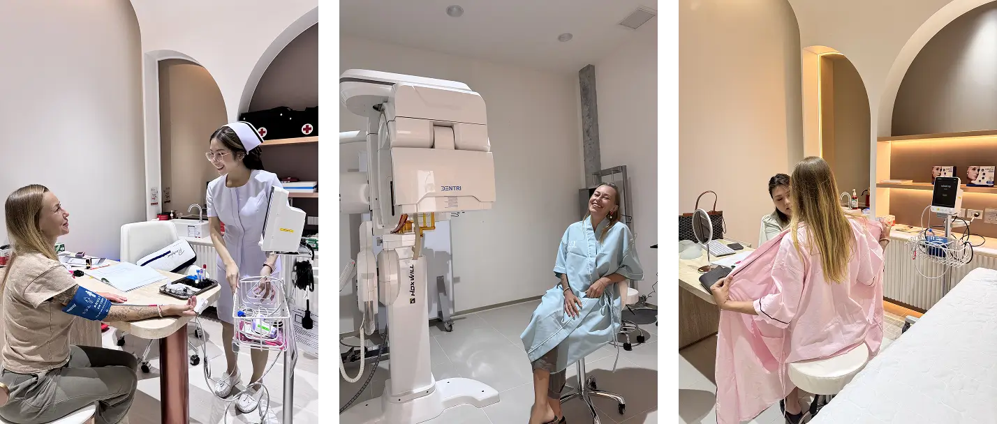 Julia during her pre-op day in Bangkok, having her vitals checked, completing scans, and preparing for consultation with her surgeon