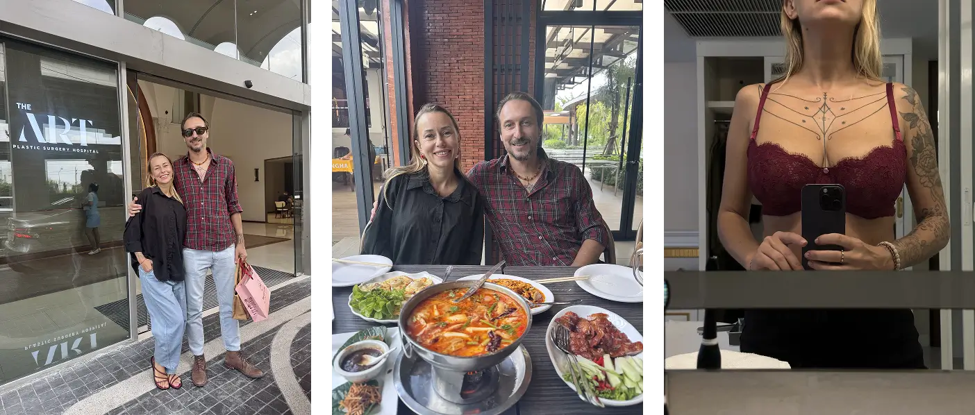 Julia smiling with her partner outside the hospital, enjoying a meal together, and showing her breast lift with implants results in a red lace bra