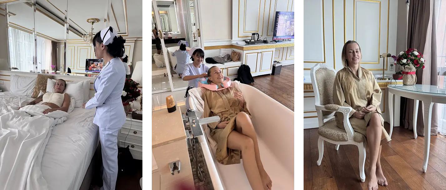 Julia recovering at her hotel in Bangkok with attentive nursing care, enjoying hair washing, and relaxing after surgery