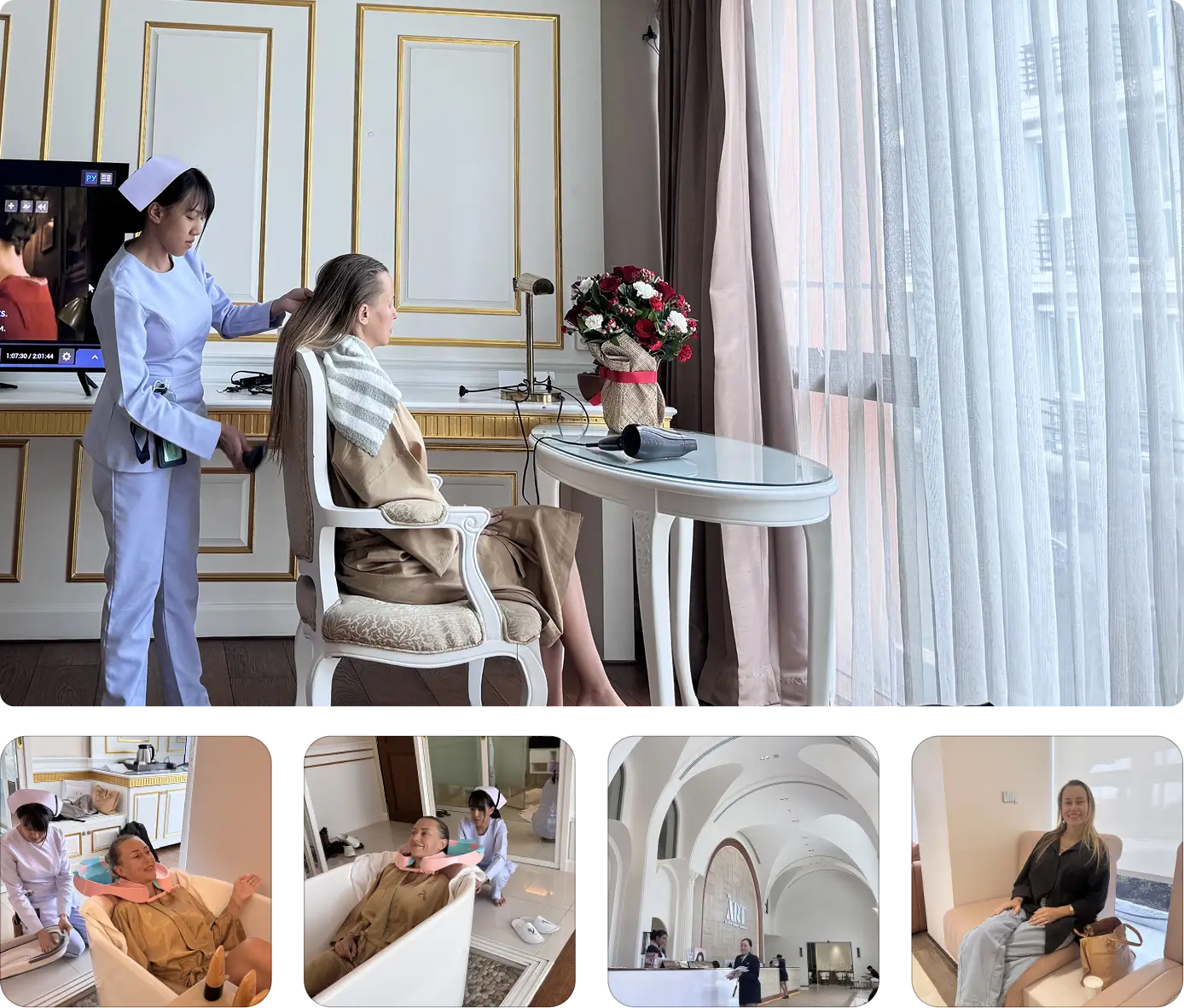 Nurse styling woman’s hair in a room with flowers and sunlight.