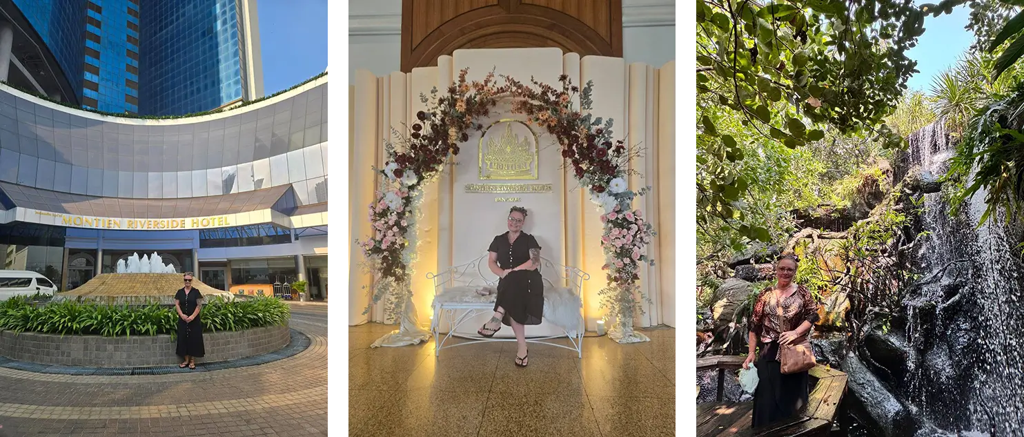 Woman at hotel entrance, in hotel decor, and at waterfall.