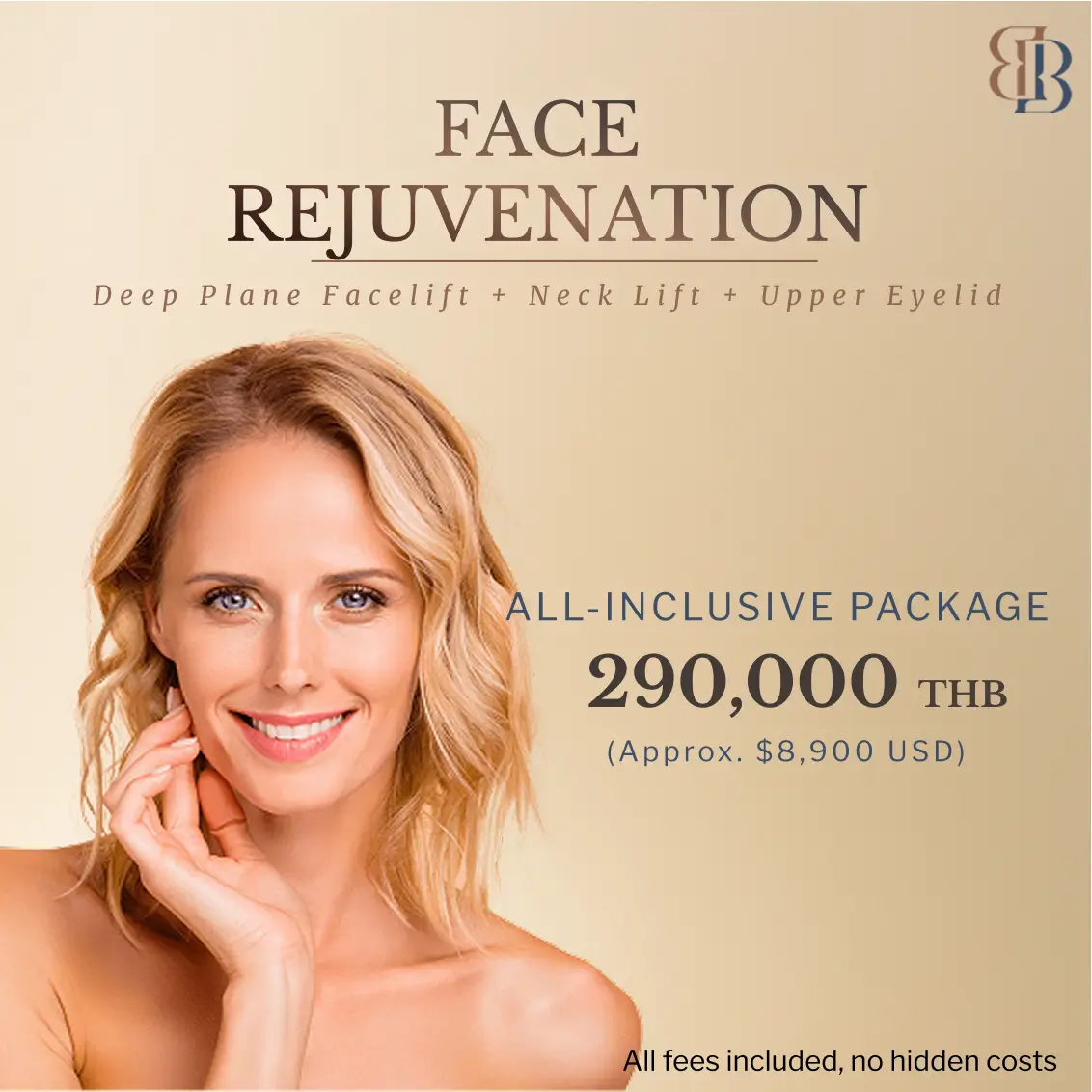 Face rejuvenation package advertisement with smiling blonde woman.
