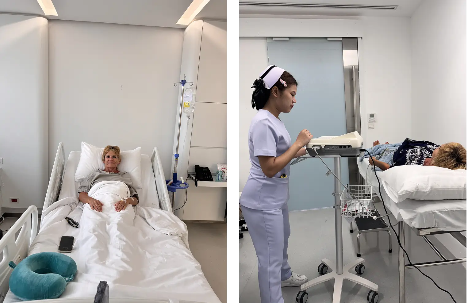Patient resting in a hospital bed and being monitored by a nurse.