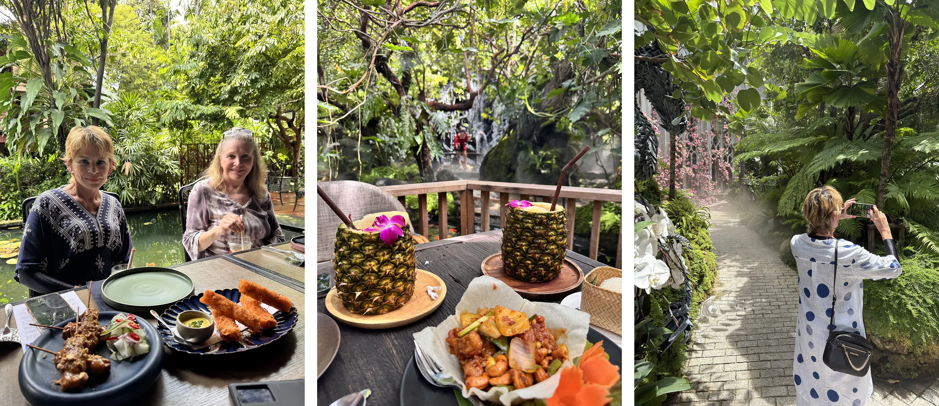 Two women dining outdoors with tropical food and drinks in a lush garden setting.