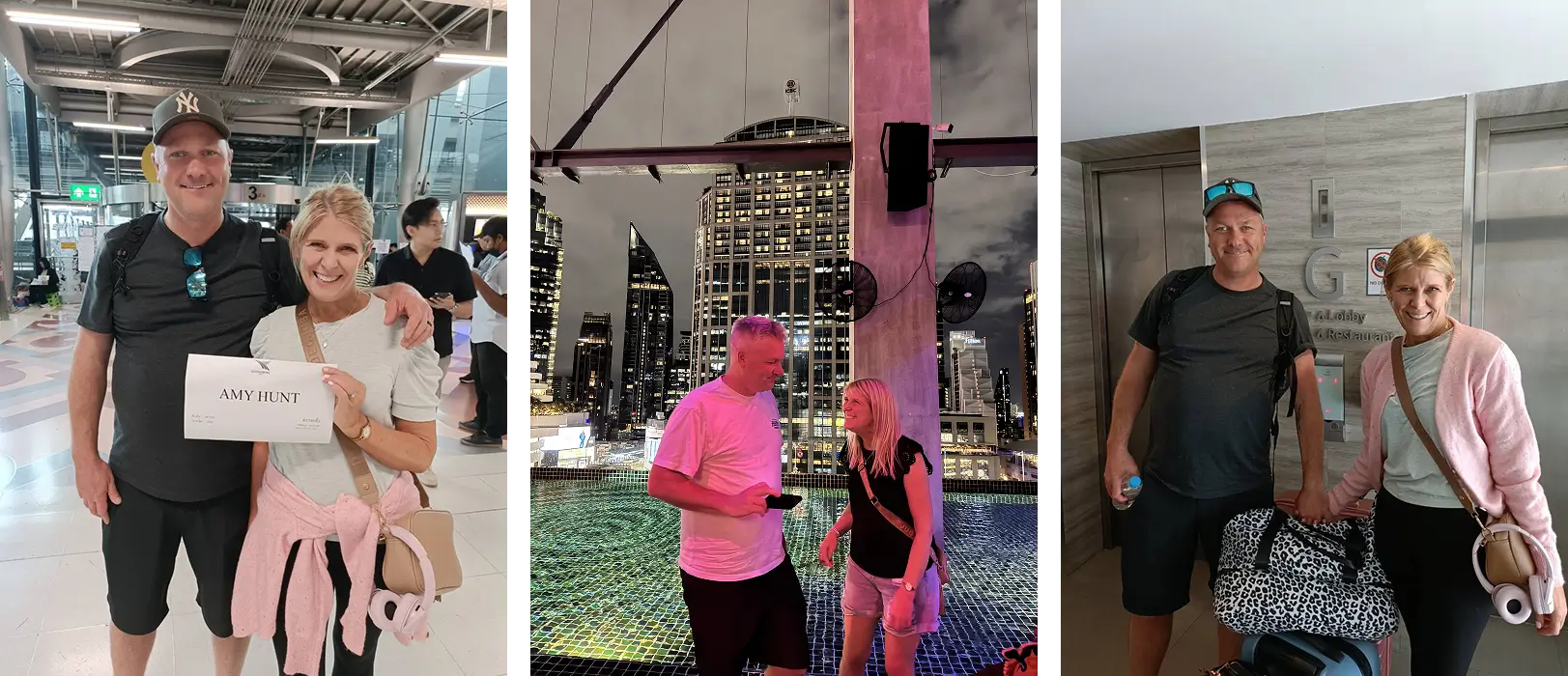 Couple arriving at the airport holding a welcome sign, enjoying a city rooftop at night, and standing with luggage in a hotel lobby.