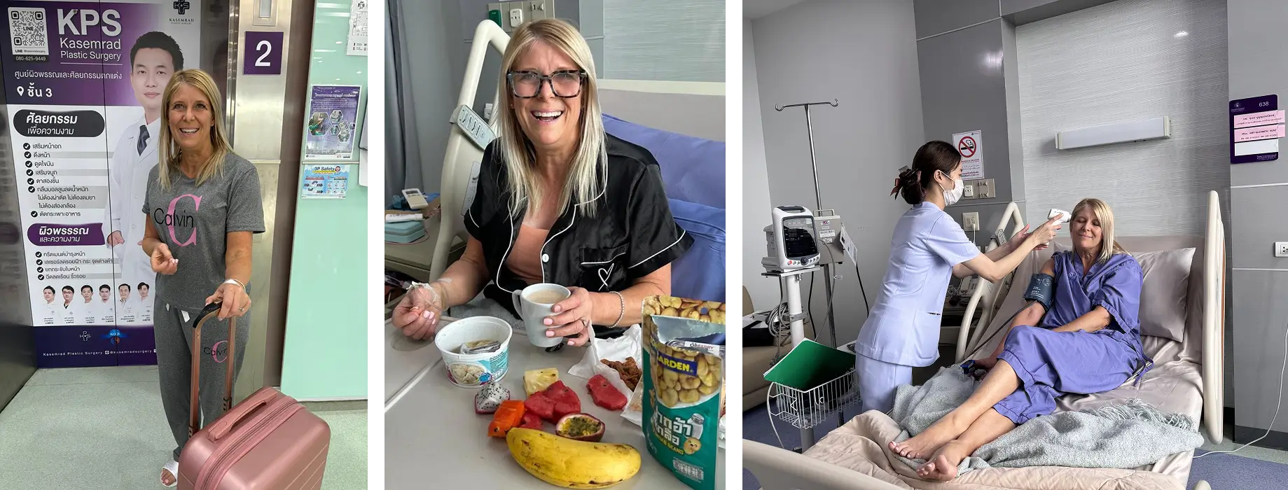 Woman standing by a clinic sign with luggage, eating breakfast in her hospital room, and a nurse checking her vitals.