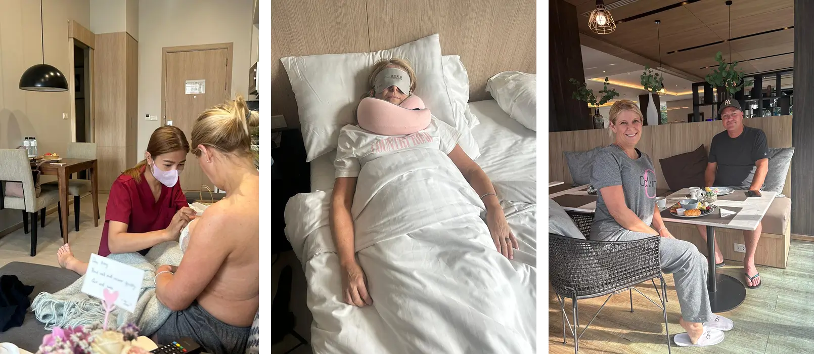 Nurse assisting with wound care, woman resting in bed with recovery gear, and couple having breakfast at a hotel.