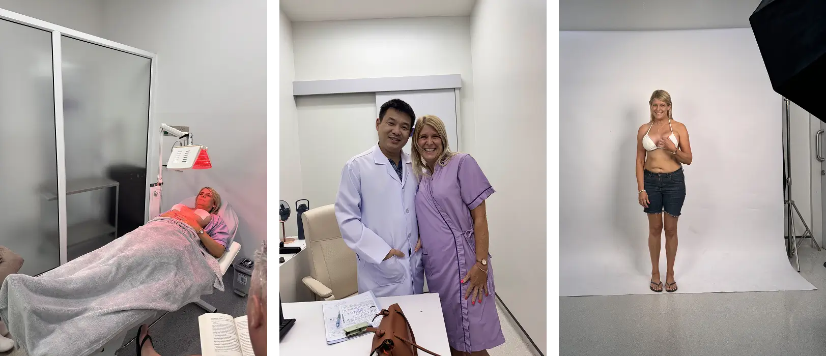 Woman receiving light therapy, posing with her doctor, and standing for a post-surgery photo in a studio setting.