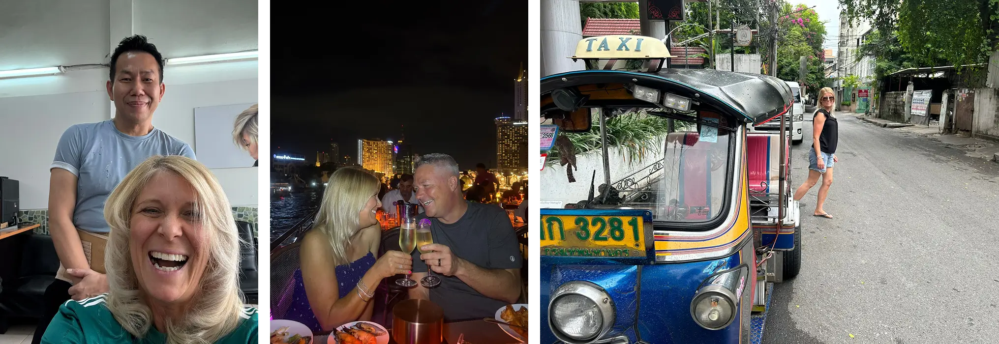 Woman with a hairstylist, couple toasting champagne by the river at night, and woman standing beside a colorful tuk-tuk.