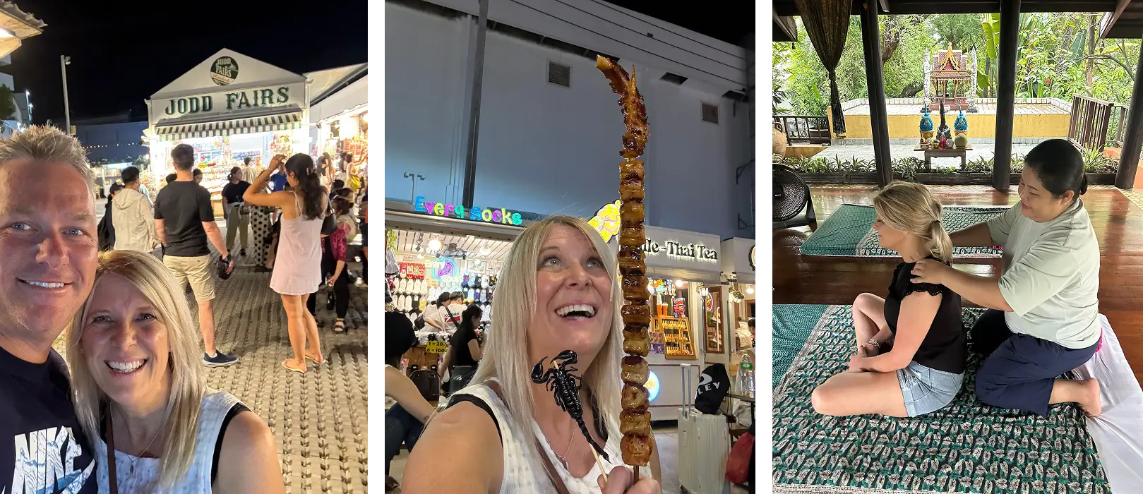 Couple at Jodd Fairs night market, woman holding a long skewer and scorpion snack, and another photo of her receiving a Thai massage.