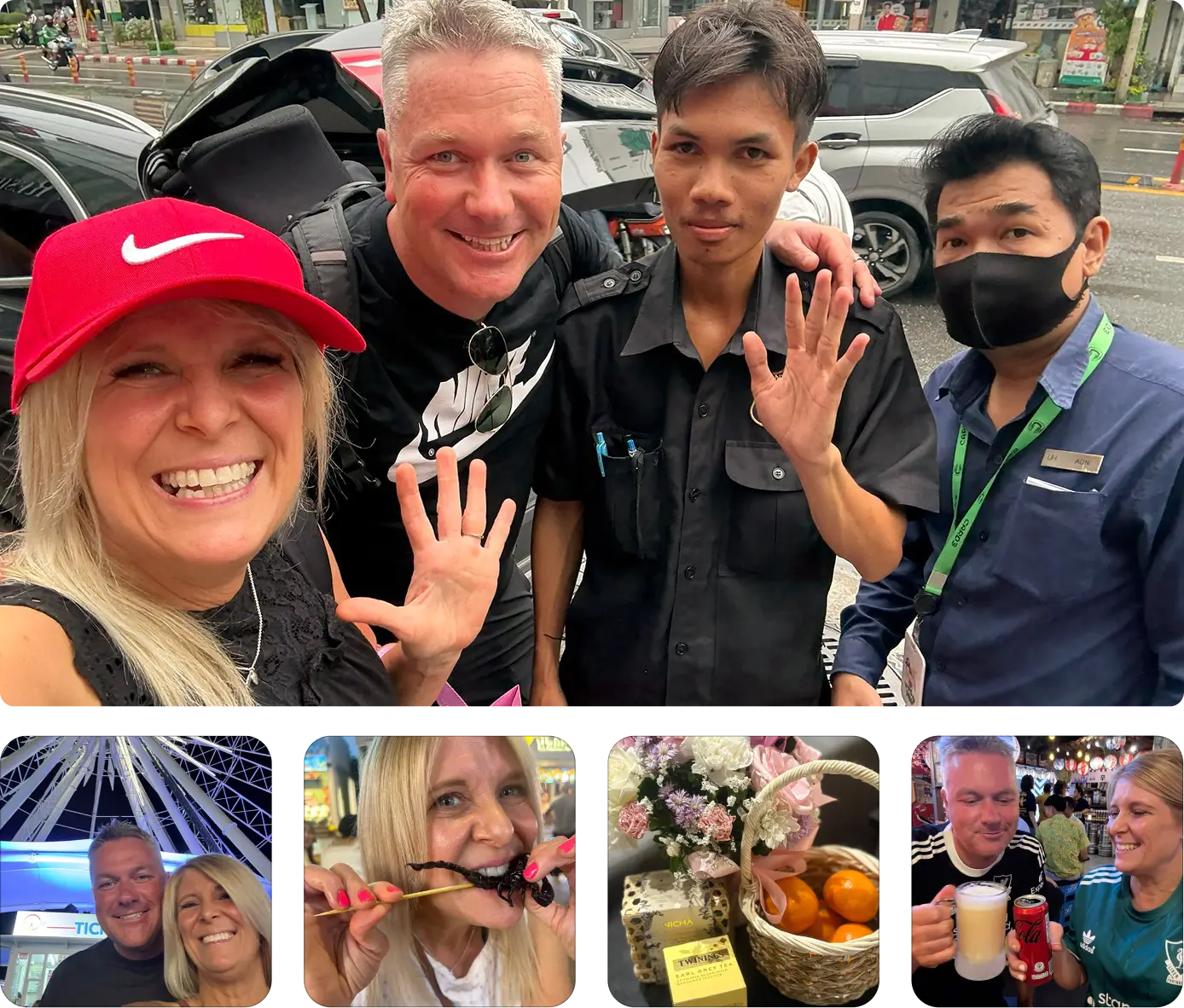 A cheerful couple with locals and moments from their trip, including eating street food and sightseeing.