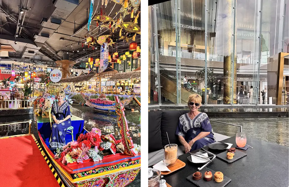 Woman enjoying cultural and city experiences in Bangkok, sitting in a decorated boat at Sook Siam 