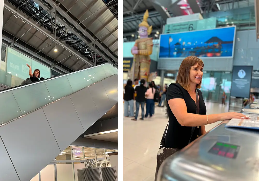 A woman waves from an airport escalator and checks in at a counter surrounded by travelers.