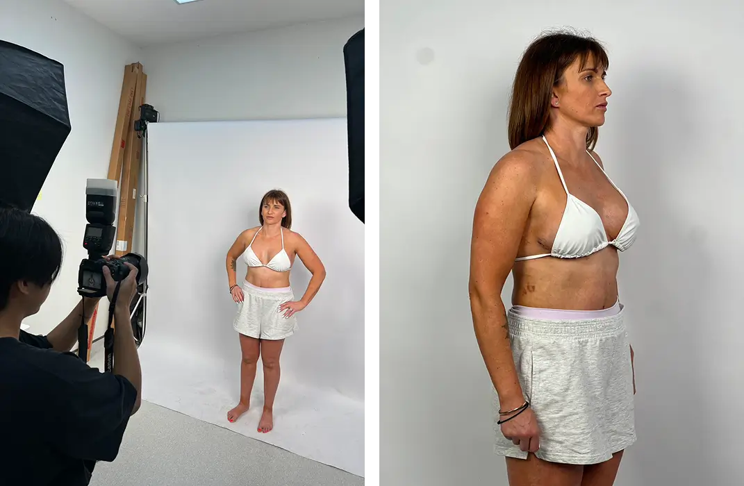 A woman in a white bikini top and shorts poses for professional photos in a studio.