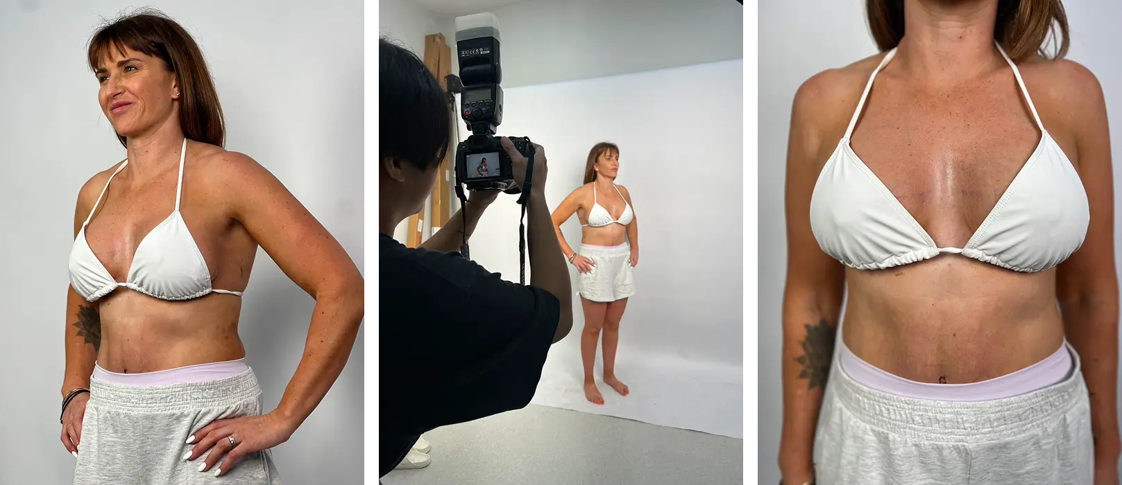 Woman in white outfit posing for a photoshoot in a studio with photographer and lighting setup.