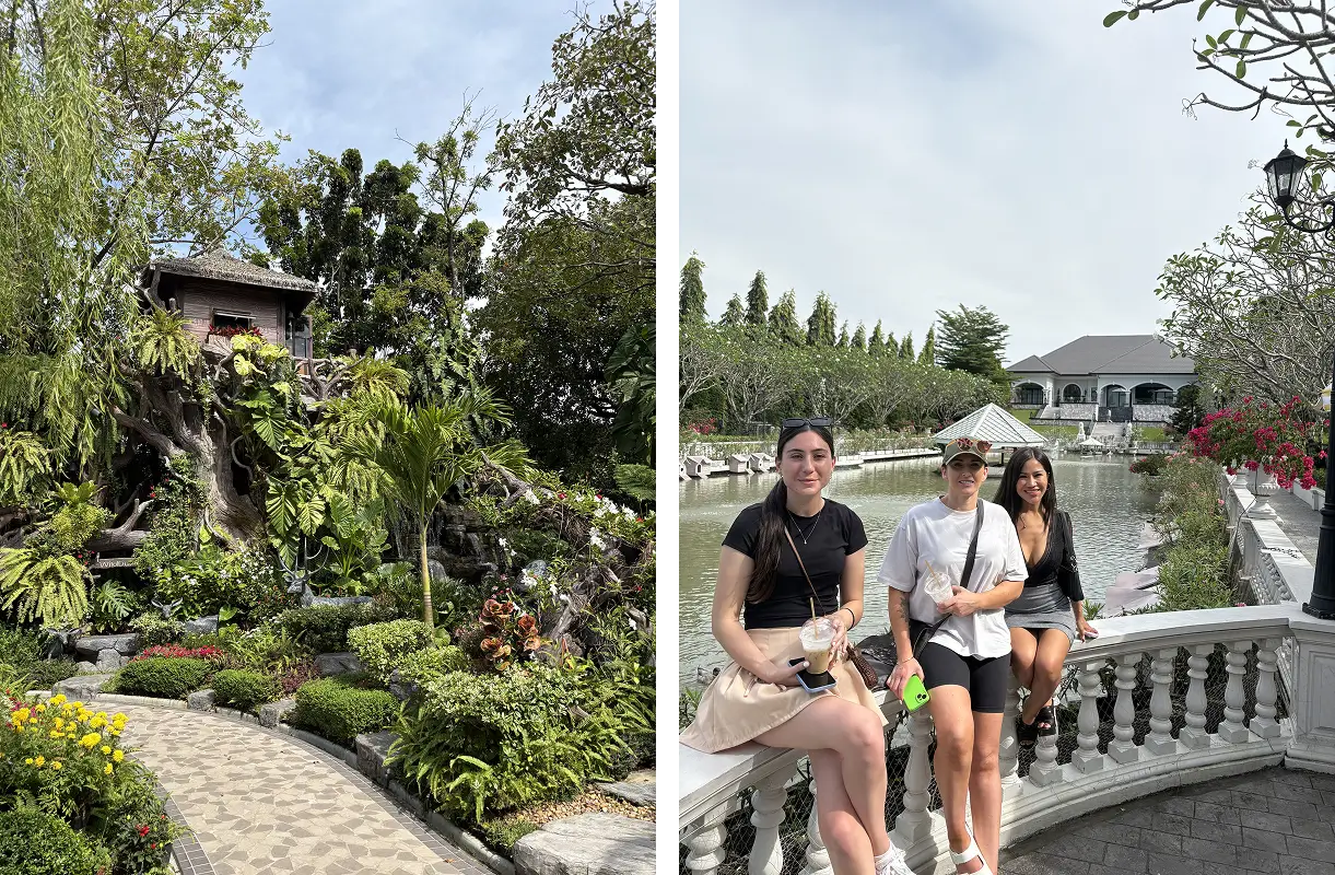 Payton sitting with the Beauty Butler team during a relaxing post-surgery outing at Wild Duck Café in Bangkok, surrounded by lush gardens and tranquil water views.