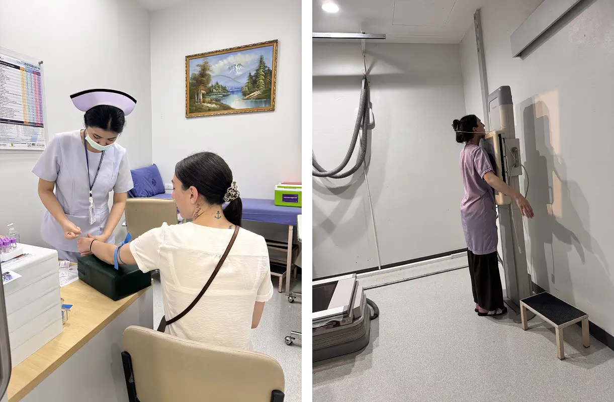 Payton during her pre-operative screening at Kasemrad Plastic Surgery Hospital, having blood tests and an X-ray before her breast augmentation consultation with Dr. Job.