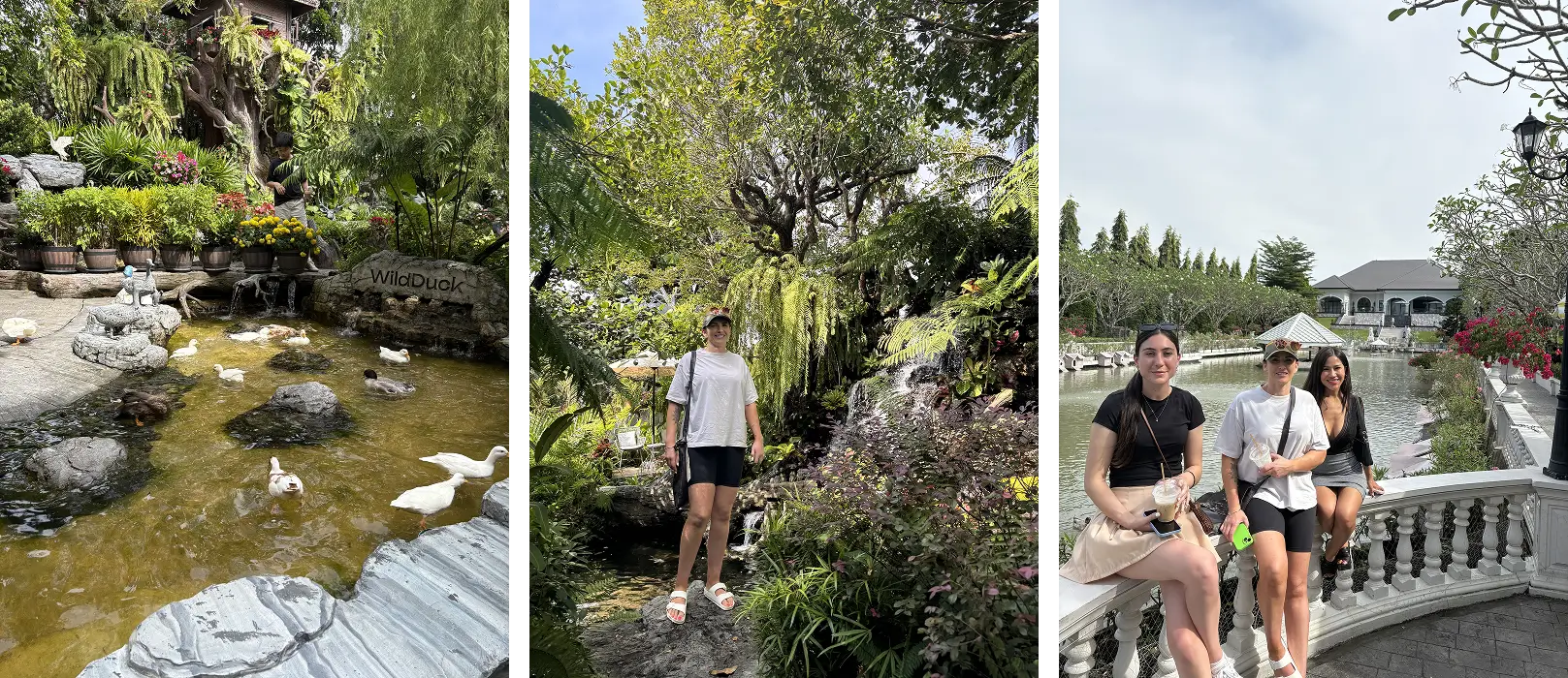 Emma enjoying a calm afternoon at Wild Duck Café in Bangkok, relaxing with fellow Beauty Butler patients among lush gardens and peaceful water views.