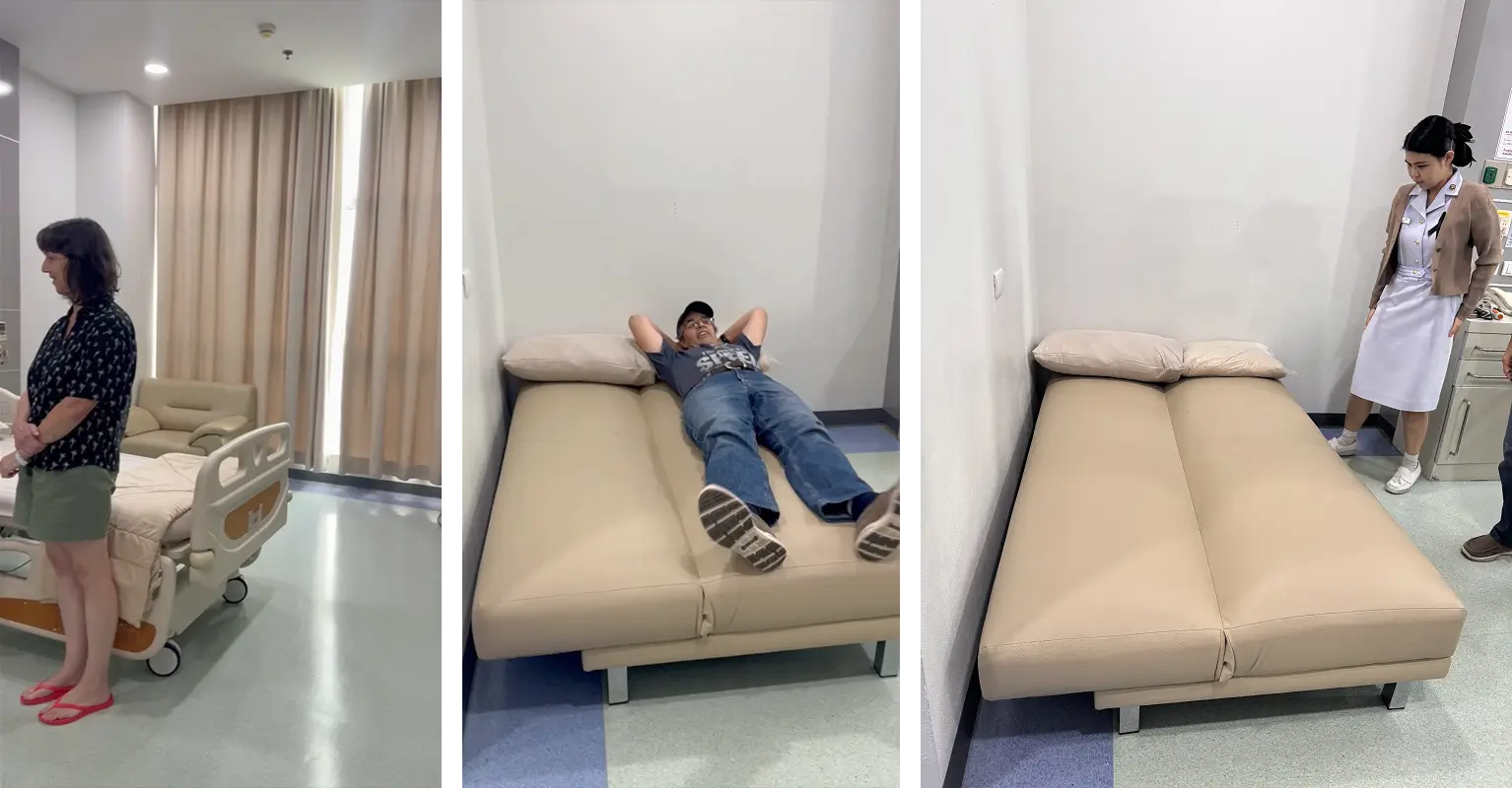 Christine and her husband viewing the private hospital room and partner sofa bed.