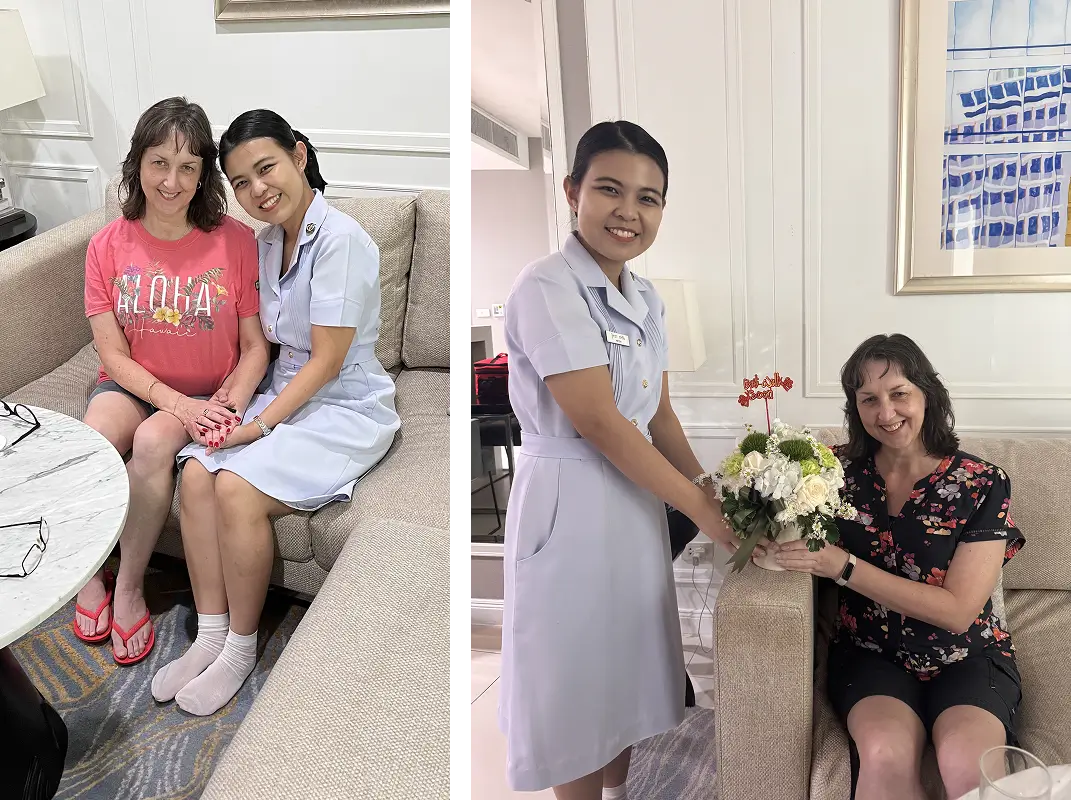 Nurse Fah supporting Christine during hotel recovery.