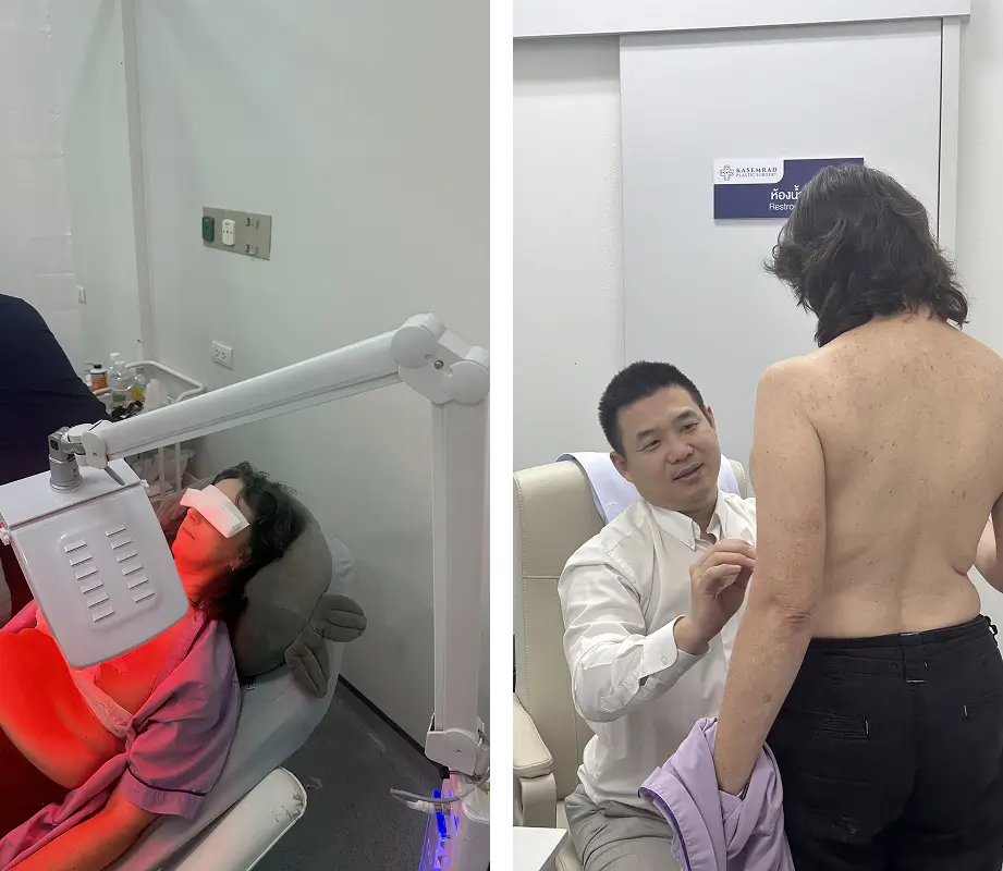 Christine receiving red light therapy and attending her final check up with Dr Note.