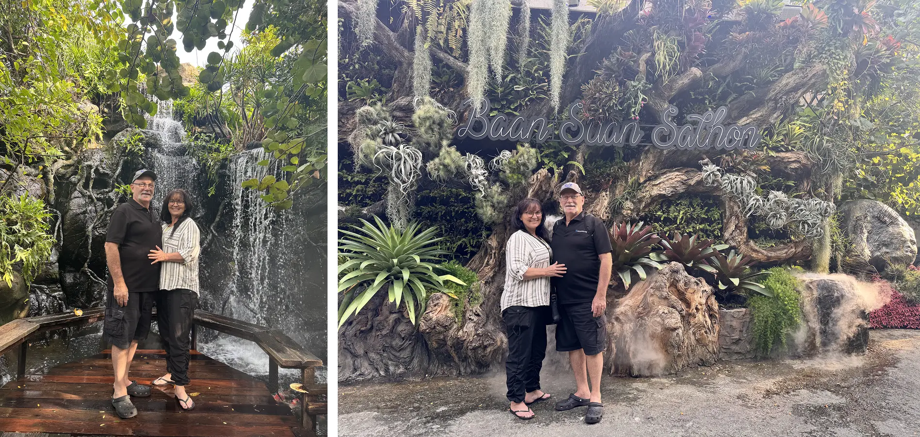 Janessa and her husband exploring a garden and waterfall area in Bangkok during recovery.
