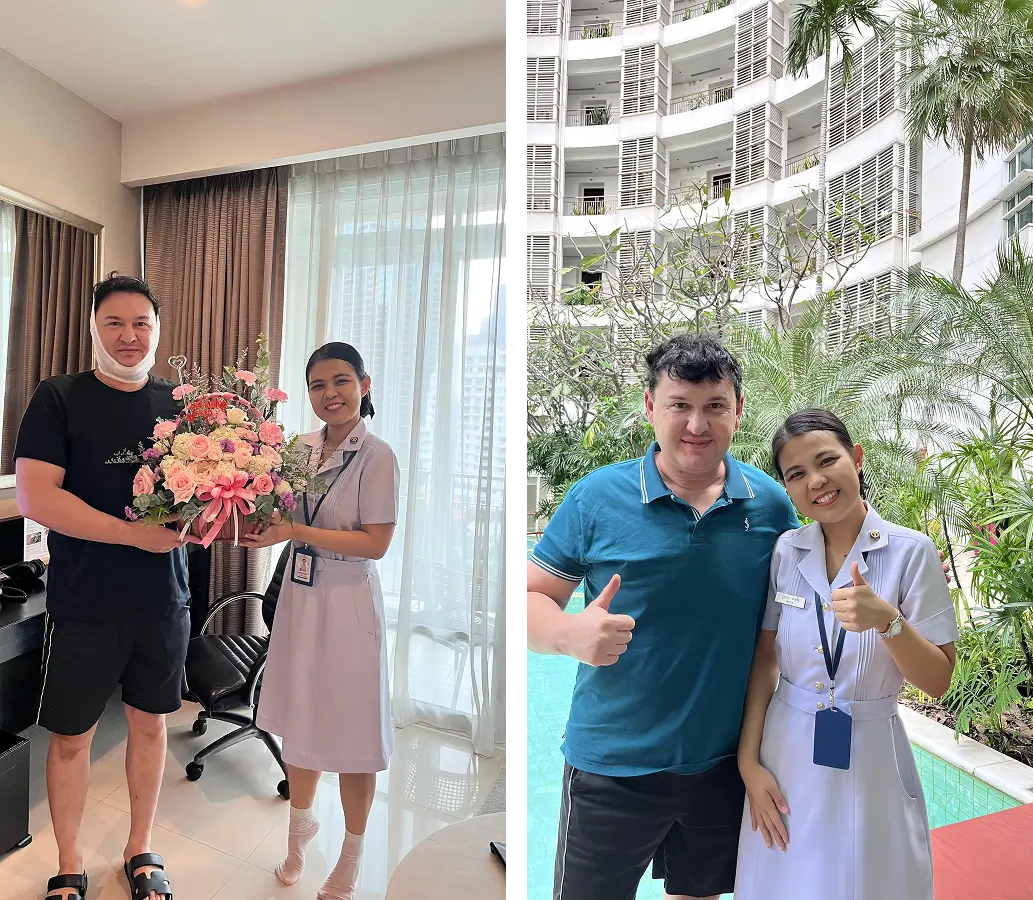 Dmitriy with Nurse Fah during his recovery, receiving flowers and support at the hotel.