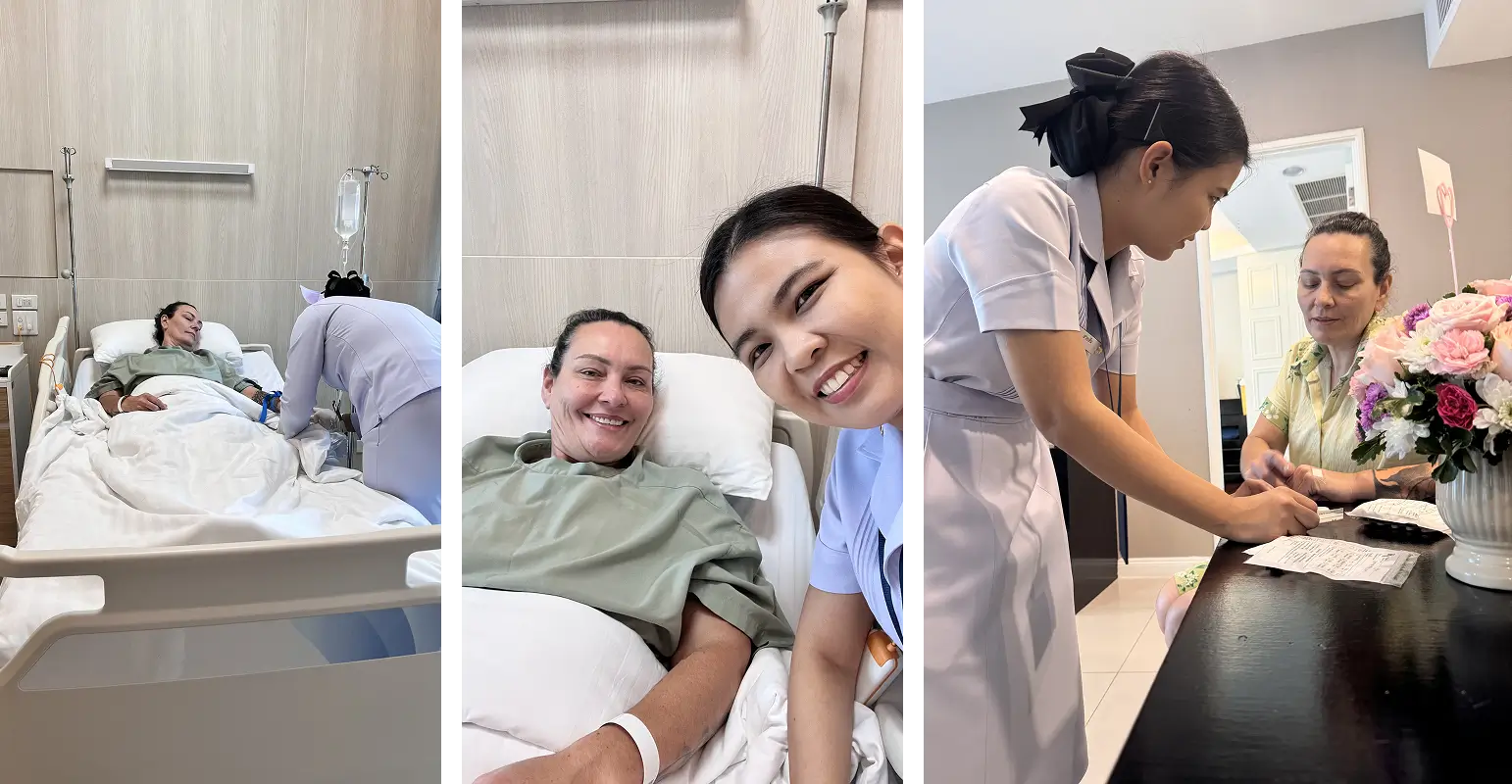 Elizabeth receiving care from Nurse Fah during her hospital stay and hotel recovery in Bangkok.
