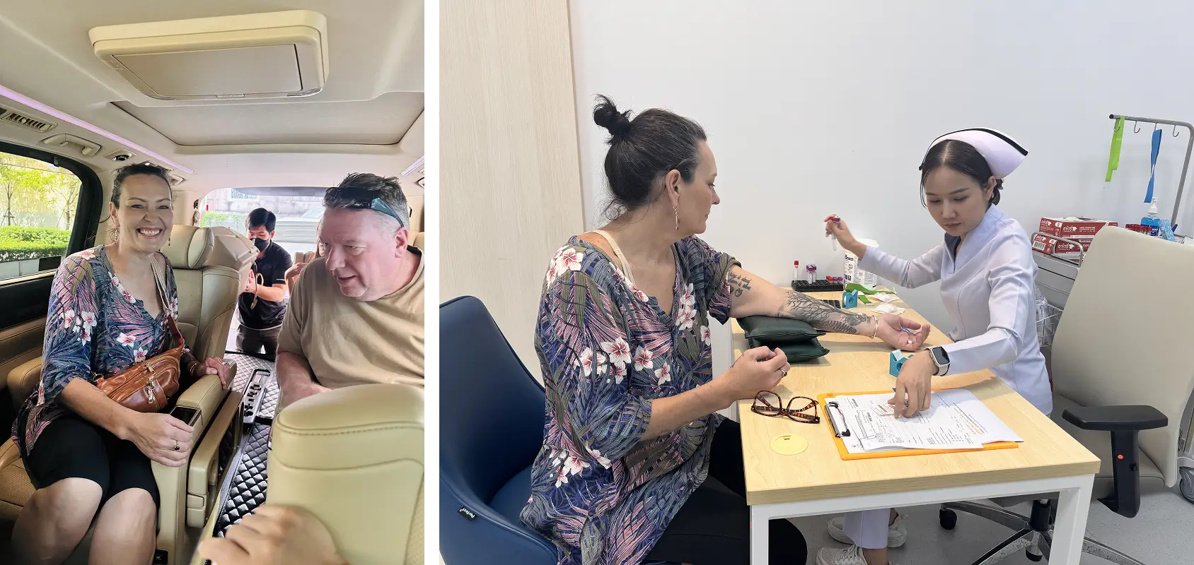 Elizabeth arriving with her partner and receiving a follow up check at Vimut Hospital.