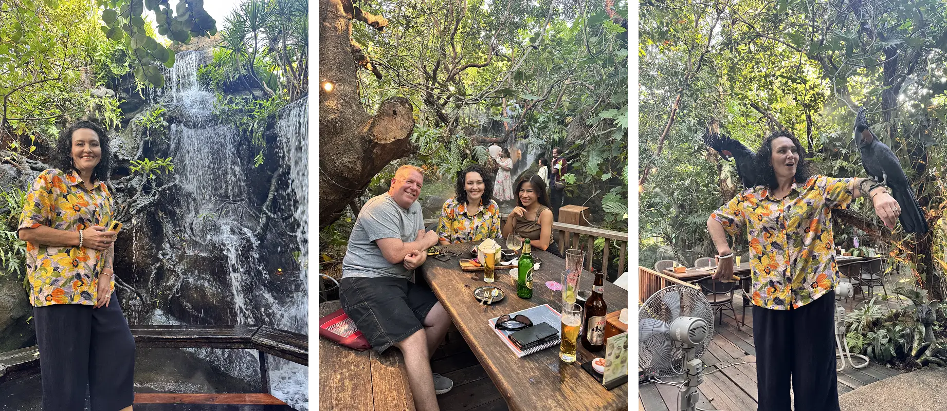 Elizabeth spending her final day in Bangkok, relaxing at a scenic cafe and enjoying time with her partner and local wildlife.